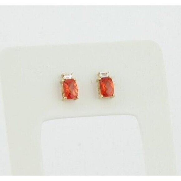 10k Yellow Gold Lab Created Orange Sapphire Padparadscha & White Topaz stud - Picture 7 of 9